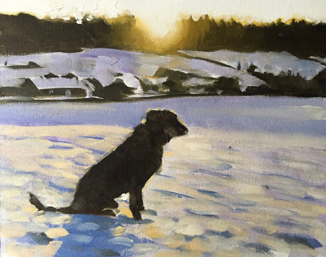 Dog in snow, Dog Painting, Dog art, Dog Prints, Dog Fine Art, from original oil painting by James Coates