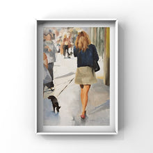 Load image into Gallery viewer, Woman walking dog -Bicycle Painting - Cycling art - Cycling Poster - Cycling Print - Fine Art - from original oil painting by James Coates
