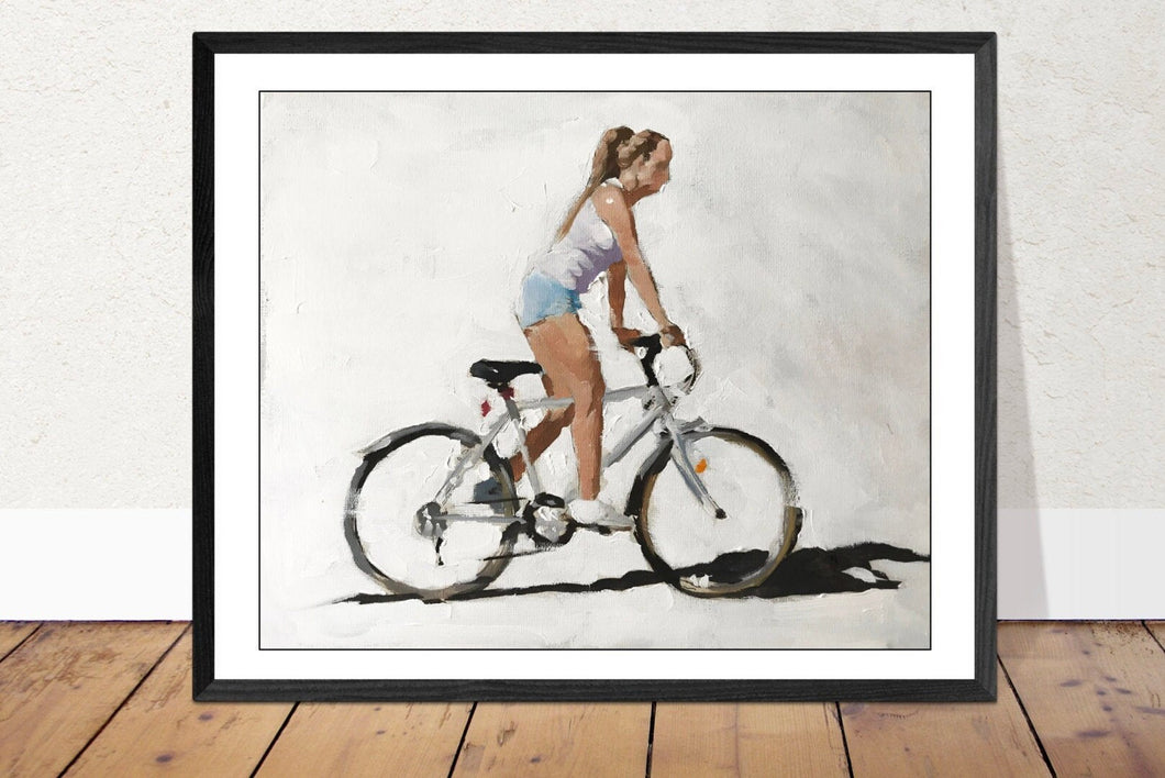 Girl cycling Painting, Prints, Posters, Originals, Commissions, Wall art, Fine Art - from original oil painting by James Coates